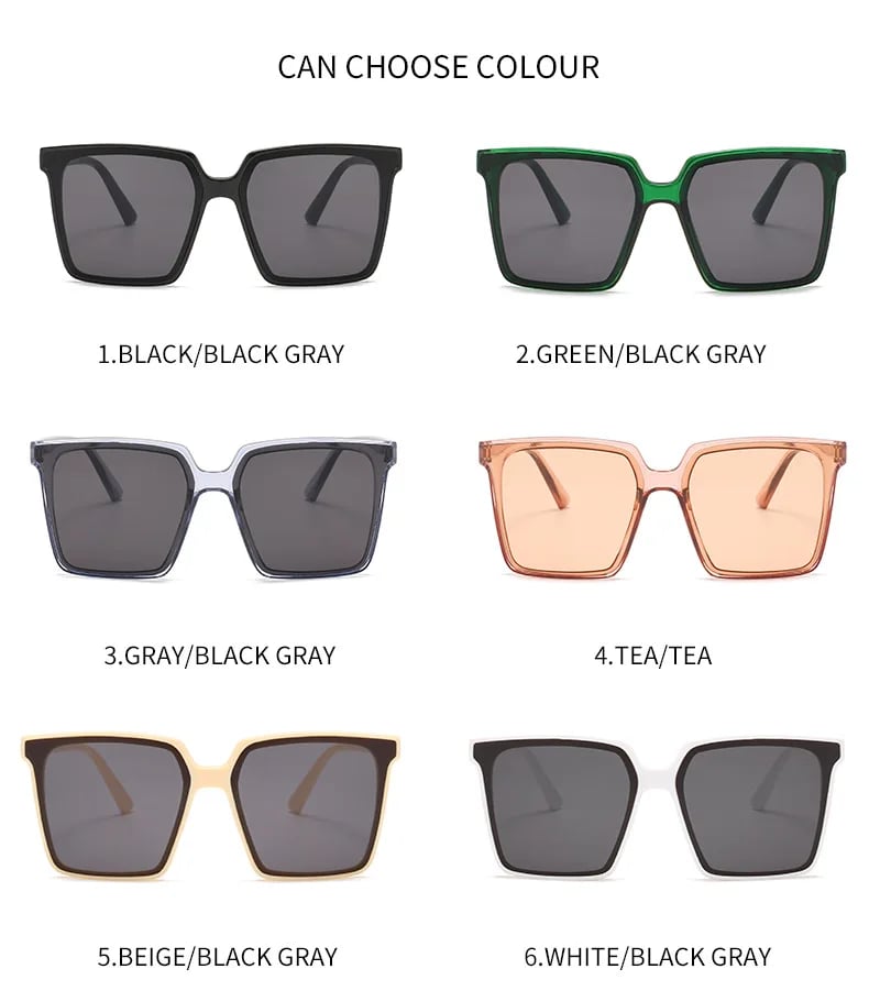 Oversized square sunglasses for women available in black green gray champagne beige and white colors
