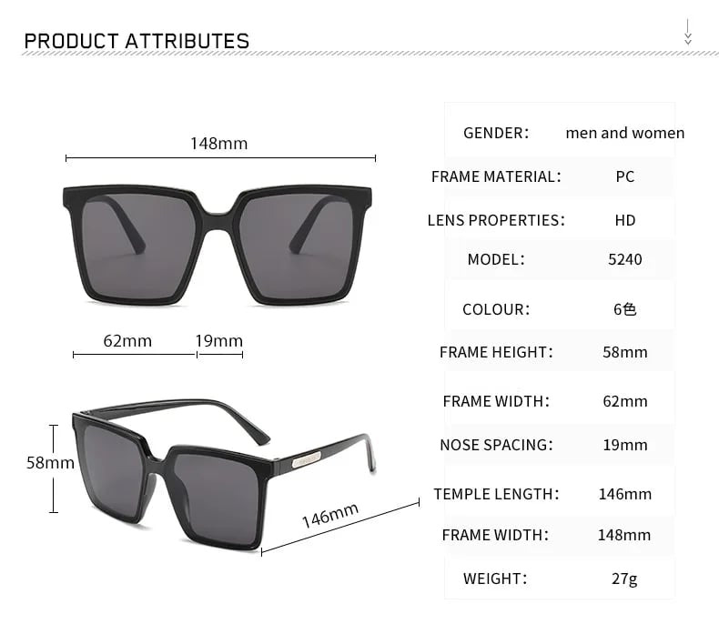 Oversized square sunglasses dimensions and frame measurements for women
