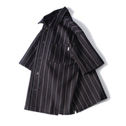 Side angle of black striped button-up shirt
