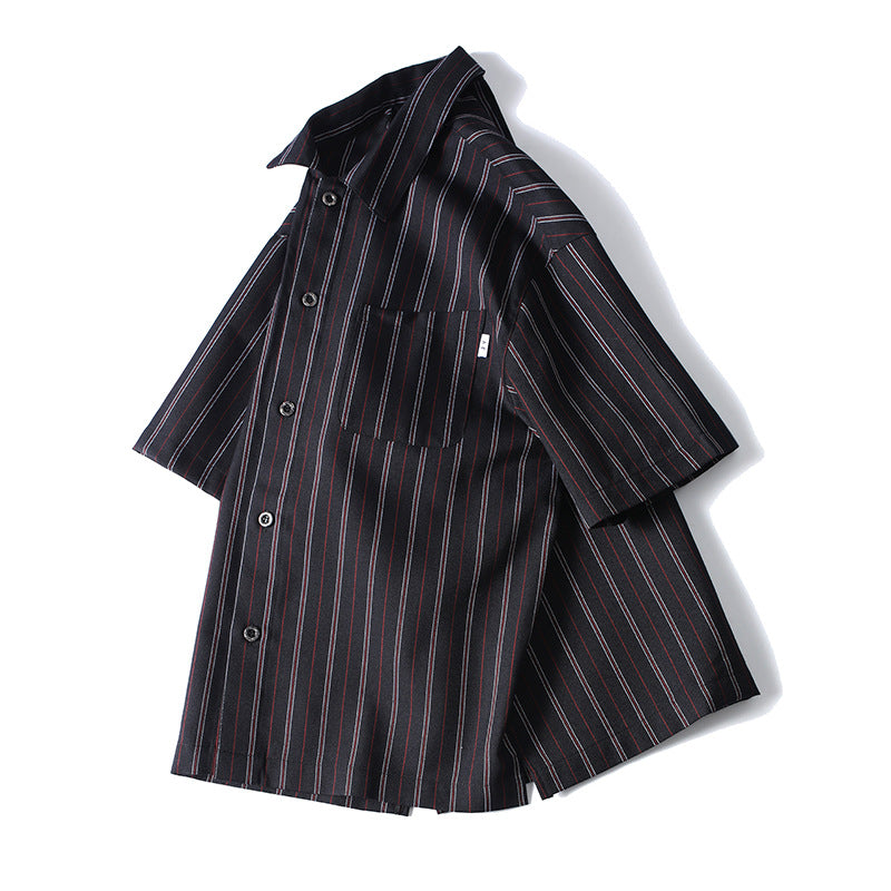 Side angle of black striped button-up shirt