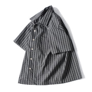 Side angle of loose fit striped summer shirt