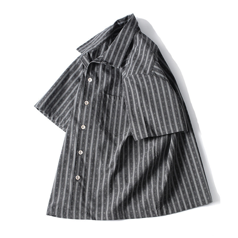 Side angle of loose fit striped summer shirt