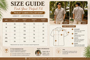 Size guide for Men's Paisley Cuban Collar Loose Fit Summer Shirt with measurements and fitting information
