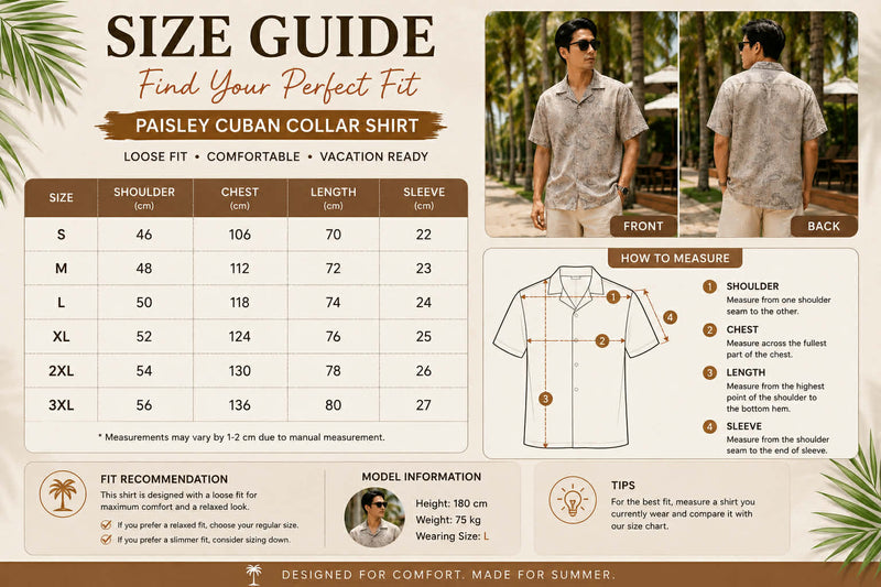 Size guide for Men's Paisley Cuban Collar Loose Fit Summer Shirt with measurements and fitting information
