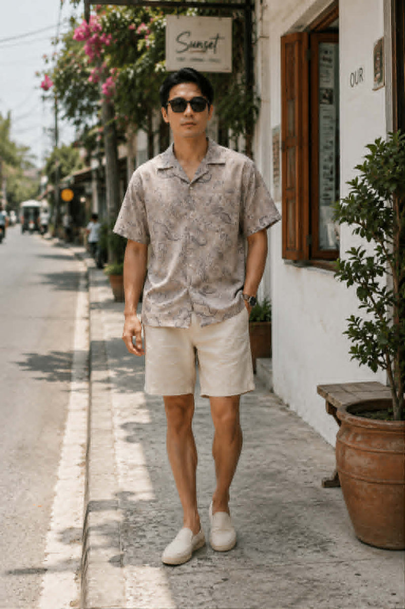 Man wearing a paisley Cuban collar loose fit summer shirt in a casual street style outfit
