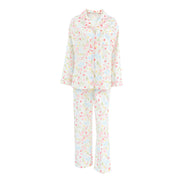 Women’s pastel floral satin pajama set with a long sleeve button-up top and matching full-length pants displayed on a white background.
