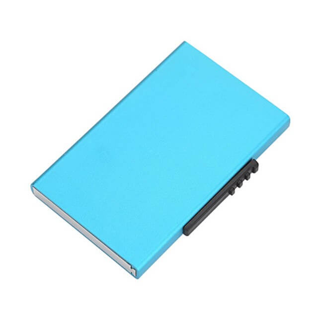 RFID Pop-Up Card Wallet Slim Minimalist Design in blue color with sleek profile and card retrieval mechanism.