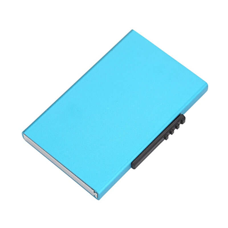 RFID Pop-Up Card Wallet Slim Minimalist Design in blue color, showcasing sleek and compact design for card protection.