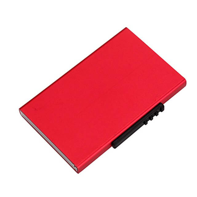 RFID Pop-Up Card Wallet Slim Minimalist Design in red color with a sleek surface for card protection.