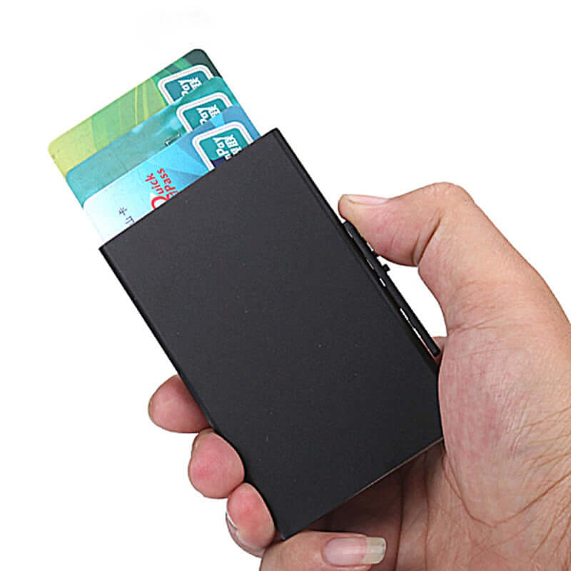 RFID Pop-Up Card Wallet Slim Minimalist Design in hand with cards partially visible for easy access