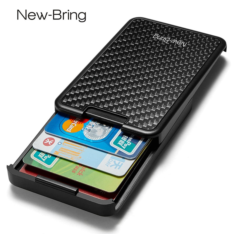Slim RFID wallet with quick slide mechanism for easy card access.

