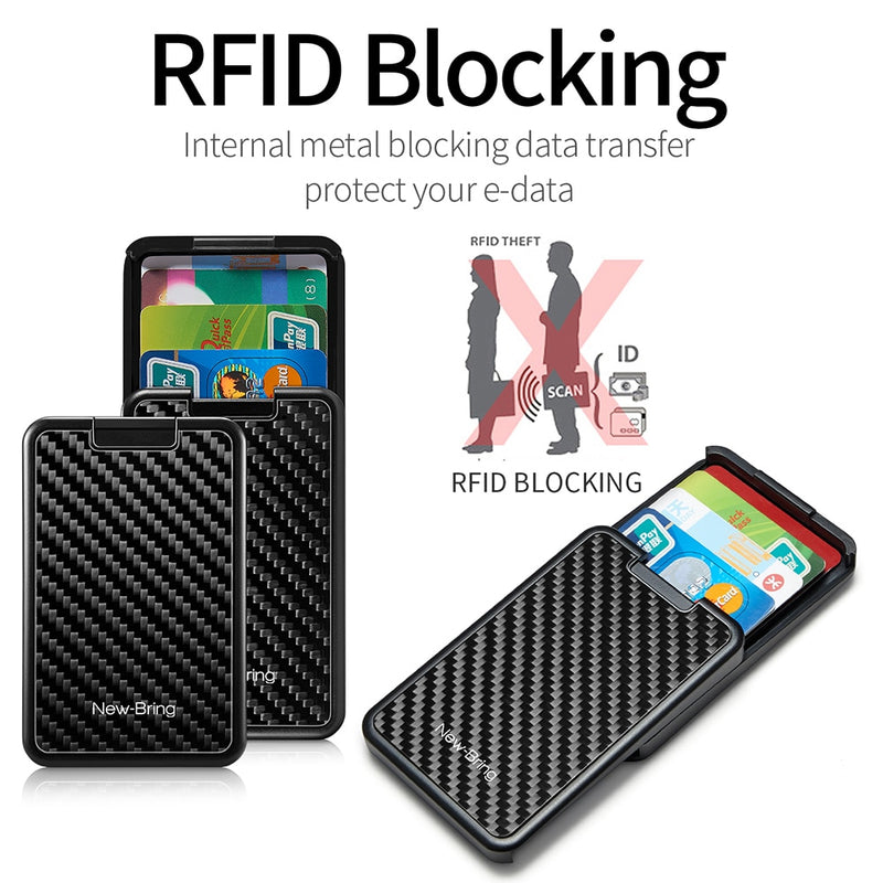 Carbon fiber RFID blocking wallet protecting credit cards from unauthorized scanning.
