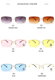 Available color options for square rimless sunglasses including gray, tea, pink, yellow, blue and clear lenses
