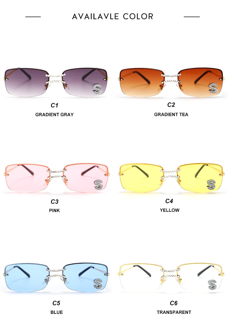 Available color options for square rimless sunglasses including gray, tea, pink, yellow, blue and clear lenses

