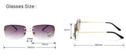 Size guide showing dimensions and measurements for square rimless sunglasses
