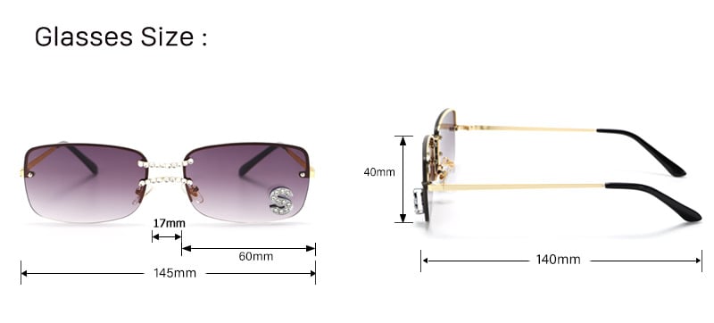 Size guide showing dimensions and measurements for square rimless sunglasses
