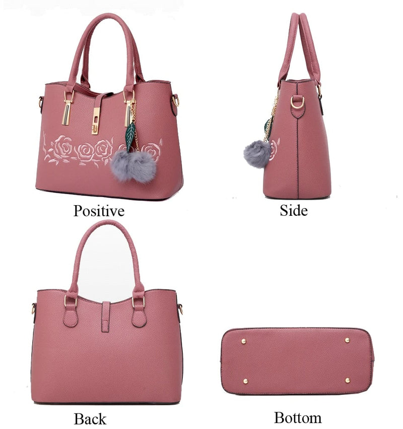 Pink rose embroidery handbag shown in front, side, back, and bottom views, highlighting structured design, gold-tone accents, and durable base studs.
