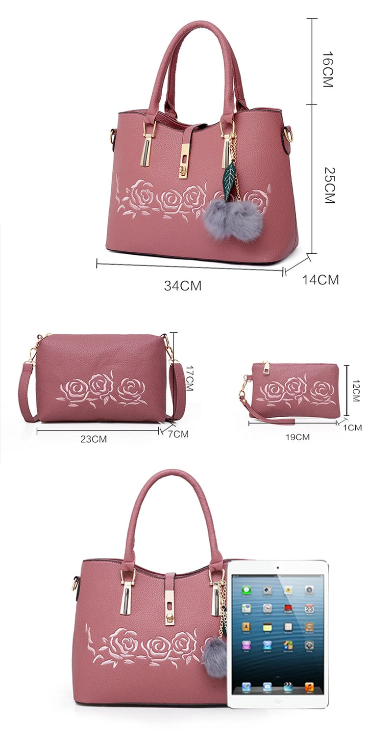 Size dimensions and capacity guide for pink embossed rose handbag set showing tote bag, shoulder bag, and wallet measurements