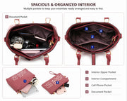 Spacious interior of pink handbag showing multiple compartments, zipper pocket, phone pocket, and document pocket
