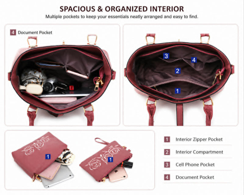 Spacious interior of pink handbag showing multiple compartments, zipper pocket, phone pocket, and document pocket
