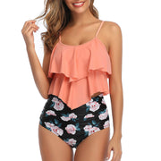 Pink ruffled high-waist bikini set for women
