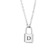 Silver initial lock necklace with letter D pendant on a minimal clean background