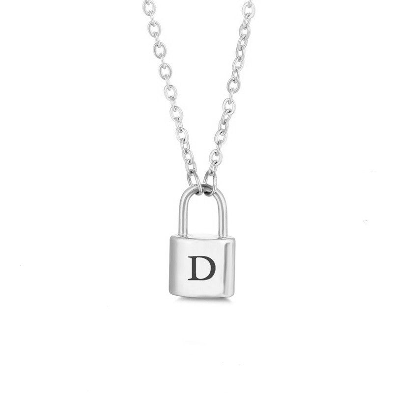 Silver initial lock necklace with letter D pendant on a minimal clean background