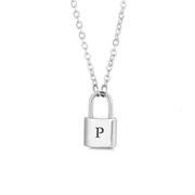 Silver initial lock necklace with letter P pendant on a minimal clean background