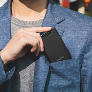 Slim RFID wallet comfortably carried in a front pocket for everyday use.
