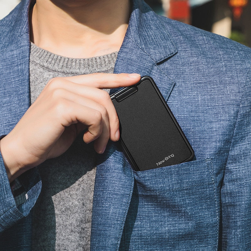 Slim RFID wallet comfortably carried in a front pocket for everyday use.
