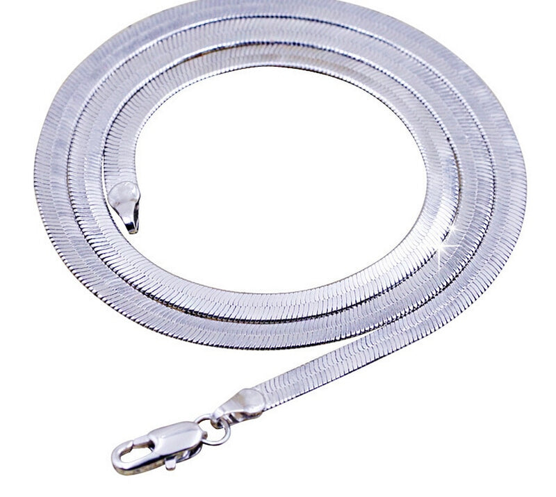Full view of stainless steel snake chain necklace with lobster clasp smooth minimalist design