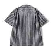 Back view of striped Cuban collar casual shirt for men