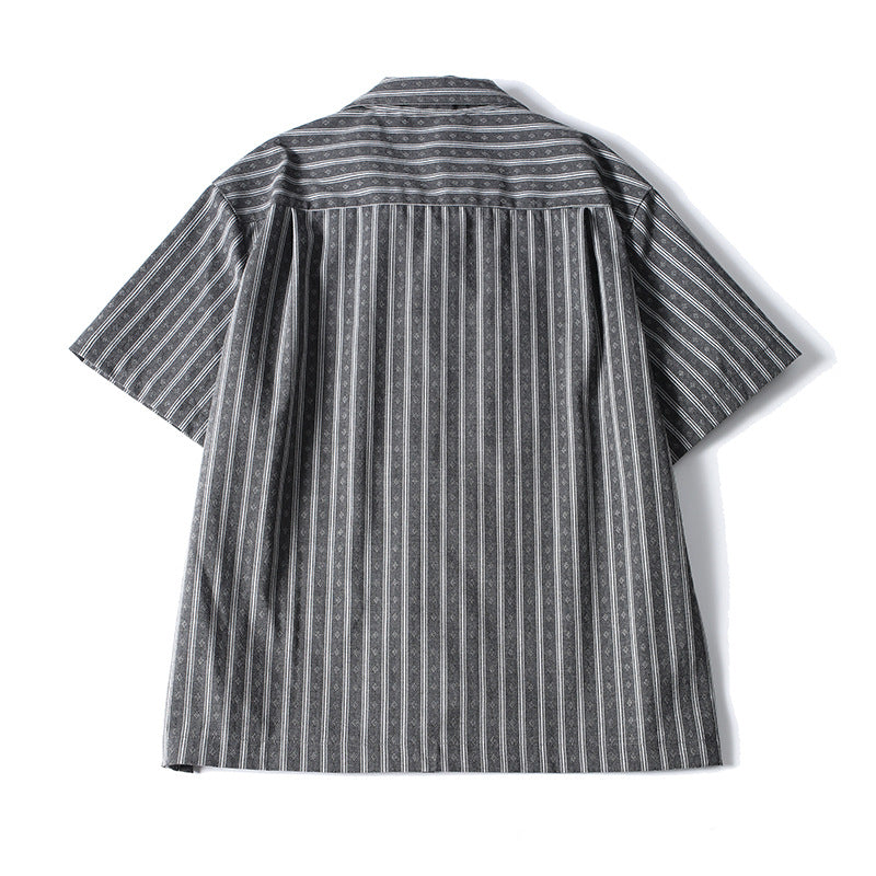 Back view of striped Cuban collar casual shirt for men