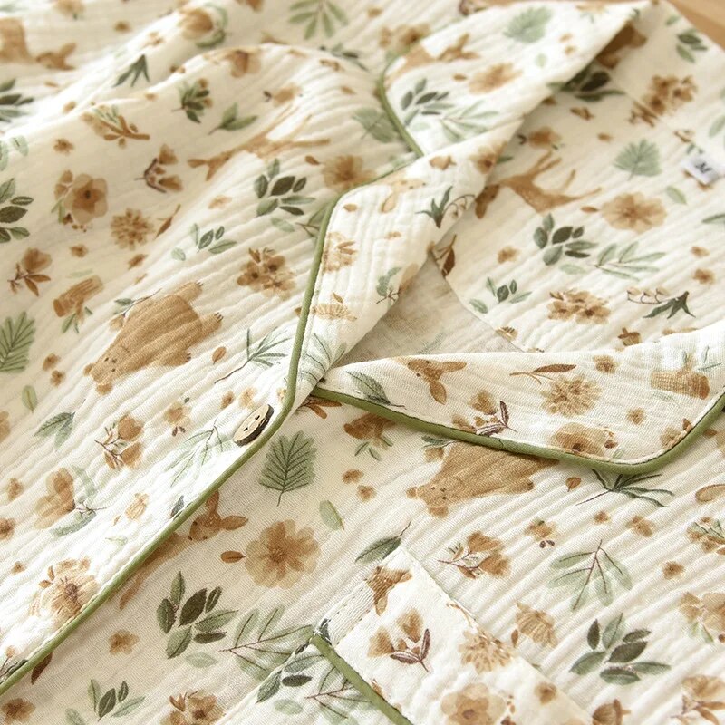 Close-up of breathable cotton gauze floral fabric texture
