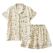 Women's summer cotton gauze floral 2-piece pajama set with short sleeve top and shorts
