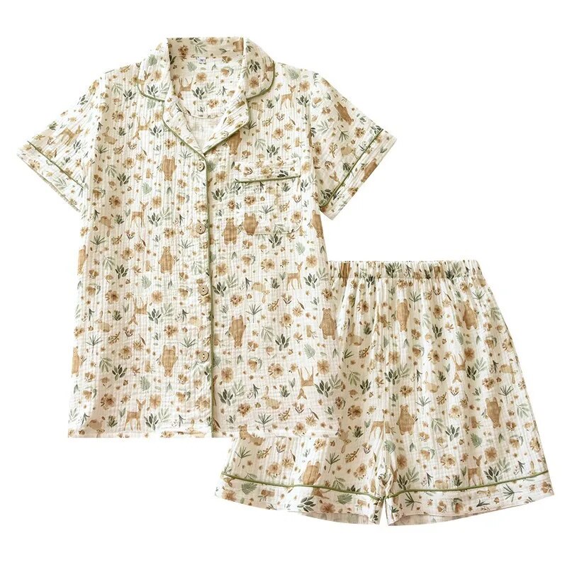 Women's summer cotton gauze floral 2-piece pajama set with short sleeve top and shorts
