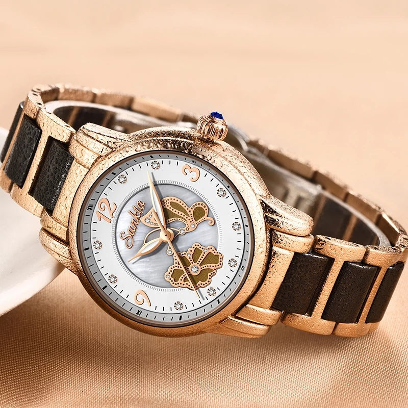 Close-up of SUNKTA rose gold ceramic quartz watch
