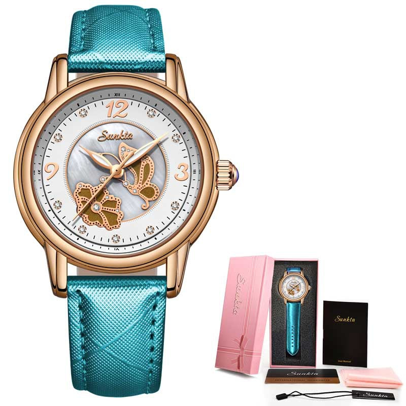 SUNKTA women’s quartz watch with light blue leather strap
