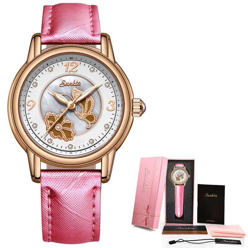 SUNKTA women’s quartz watch with pink leather strap
