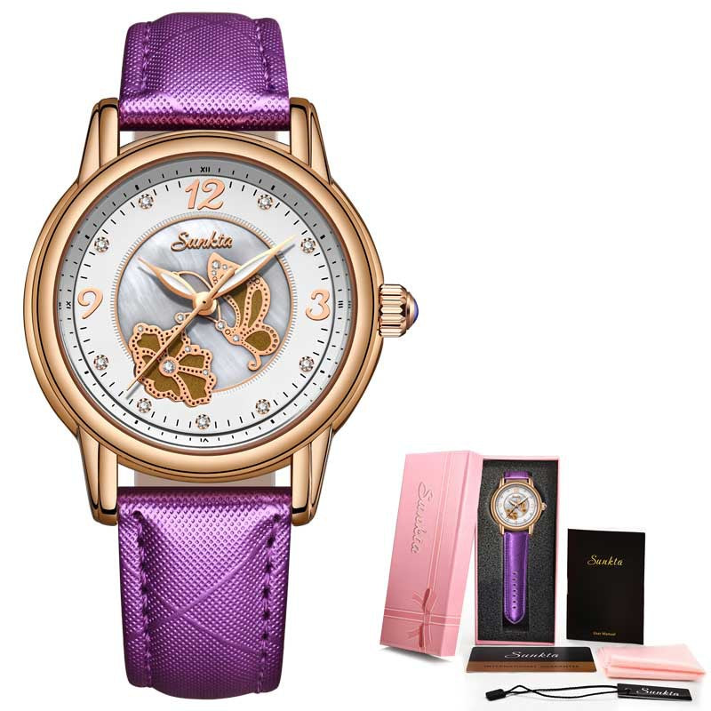 SUNKTA women’s quartz watch with purple leather strap
