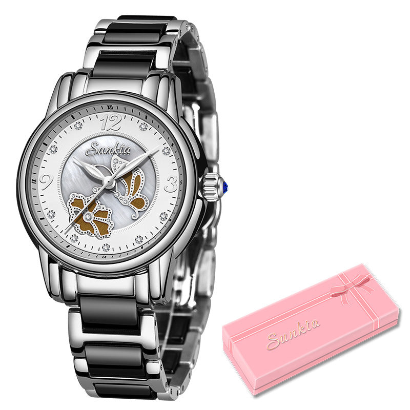 SUNKTA women’s ceramic quartz watch Silver Black
