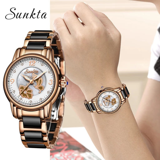 SUNKTA women’s ceramic quartz watch in rose gold and white with elegant round dial
