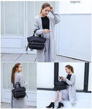 Black quilted puffer tote bag shown in multiple lifestyle views including shoulder carry and hand carry styles.
