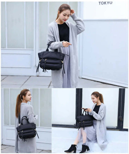 Black quilted puffer tote bag shown in multiple lifestyle views including shoulder carry and hand carry styles.
