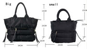 Size comparison chart showing small and large winter puffer tote bag dimensions.
