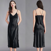 Women’s black ice silk sleeveless nightgown front and back view
