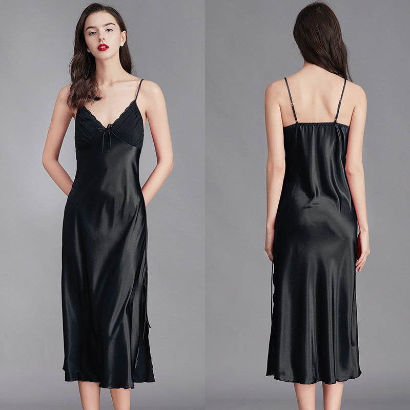 Women’s black ice silk sleeveless nightgown front and back view
