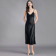 Women’s black ice silk sleeveless nightgown with V-neck and adjustable straps
