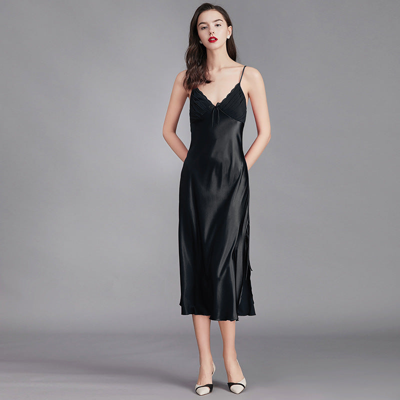 Women’s black ice silk sleeveless nightgown with V-neck and adjustable straps
