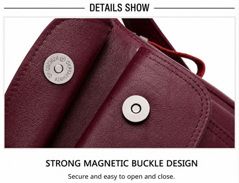 Magnetic closure detail of women's genuine leather crossbody bag
